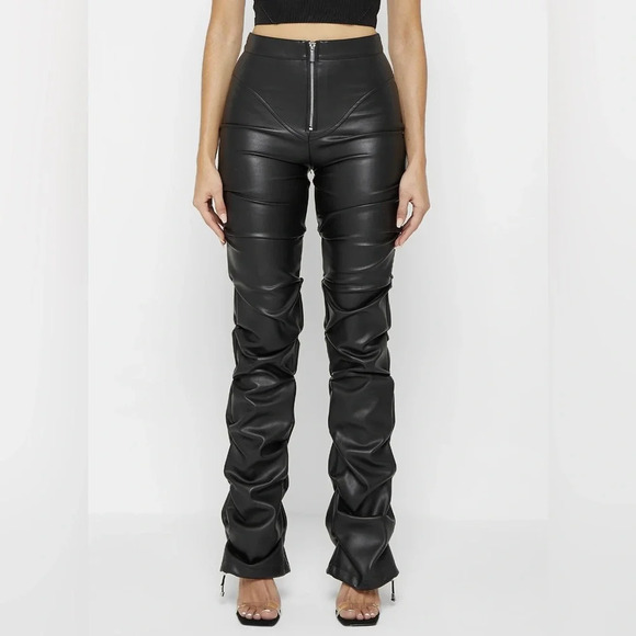 MANIERE DE VOIR - Tacked Vegan Leather Flared Trousers in Black - Picture 1 of 14